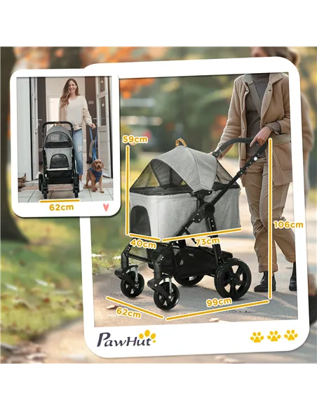 PawHut Dog Pram Pet Stroller for Small Dogs Cats, Foldable Dog Pushchair Trolley with Detachable Pet Carrier Bag, Shock Absorber