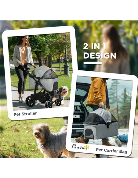 PawHut Dog Pram Pet Stroller for Small Dogs Cats, Foldable Dog Pushchair Trolley with Detachable Pet Carrier Bag, Shock Absorber