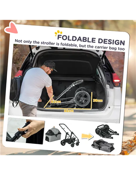PawHut Dog Pram Pet Stroller for Small Dogs Cats, Foldable Dog Pushchair Trolley with Detachable Pet Carrier Bag, Shock Absorber