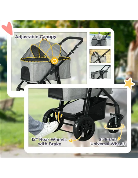 PawHut Dog Pram Pet Stroller for Small Dogs Cats, Foldable Dog Pushchair Trolley with Detachable Pet Carrier Bag, Shock Absorber