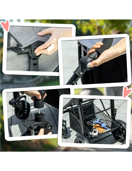 PawHut Dog Pram Pet Stroller for Small Dogs Cats, Foldable Dog Pushchair Trolley with Detachable Pet Carrier Bag, Shock Absorber