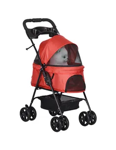 PawHut Dog Pram Dog Stroller Foldable Pet Pushchair with 4 Wheels, Safety Leashes, Cup Holder for Small Dogs, Red