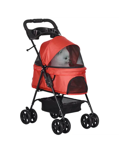 PawHut Dog Pram Dog Stroller Foldable Pet Pushchair with 4 Wheels, Safety Leashes, Cup Holder for Small Dogs, Red