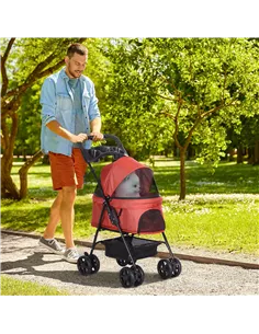 PawHut Dog Pram Dog Stroller Foldable Pet Pushchair with 4 Wheels, Safety Leashes, Cup Holder for Small Dogs, Red 2