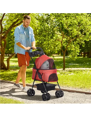 PawHut Dog Pram Dog Stroller Foldable Pet Pushchair with 4 Wheels, Safety Leashes, Cup Holder for Small Dogs, Red