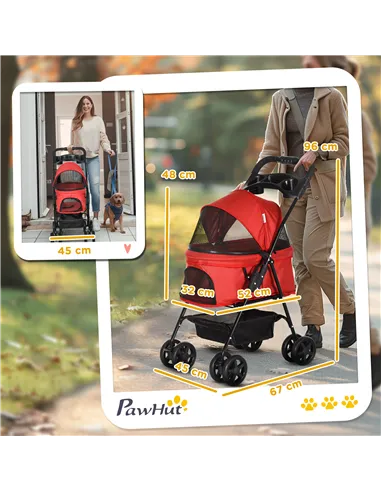 PawHut Dog Pram Dog Stroller Foldable Pet Pushchair with 4 Wheels, Safety Leashes, Cup Holder for Small Dogs, Red