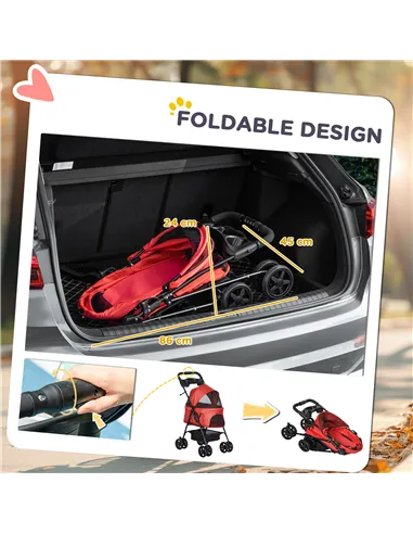 PawHut Dog Pram Dog Stroller Foldable Pet Pushchair with 4 Wheels, Safety Leashes, Cup Holder for Small Dogs, Red