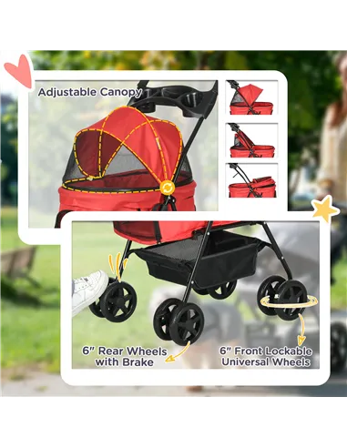 PawHut Dog Pram Dog Stroller Foldable Pet Pushchair with 4 Wheels, Safety Leashes, Cup Holder for Small Dogs, Red