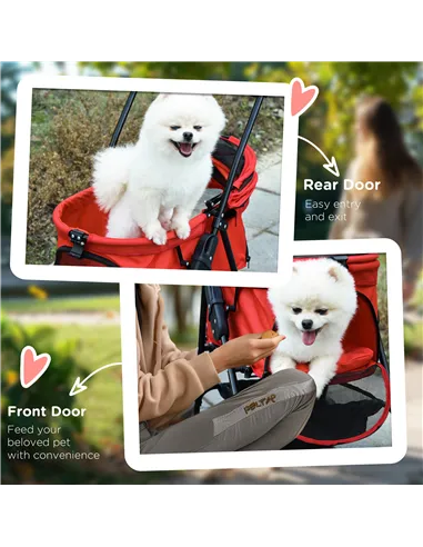 PawHut Dog Pram Dog Stroller Foldable Pet Pushchair with 4 Wheels, Safety Leashes, Cup Holder for Small Dogs, Red