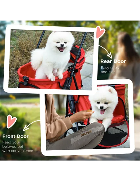 PawHut Dog Pram Dog Stroller Foldable Pet Pushchair with 4 Wheels, Safety Leashes, Cup Holder for Small Dogs, Red