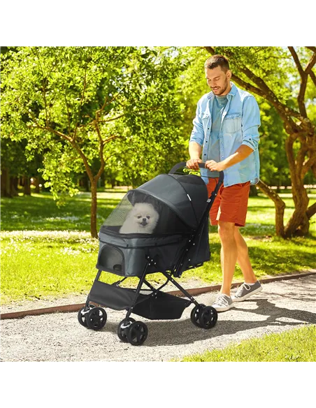 PawHut Pet Stroller Pushchair Foldable Travel Dog Cat Carriage w/ Reversible Handle Brake Basket