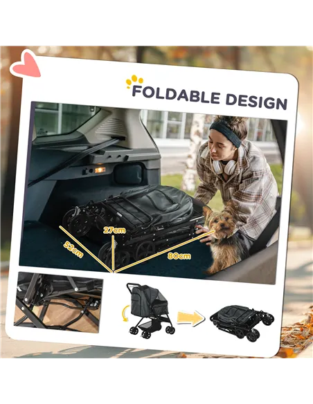 PawHut Pet Stroller Pushchair Foldable Travel Dog Cat Carriage w/ Reversible Handle Brake Basket