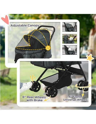 PawHut Pet Stroller Pushchair Foldable Travel Dog Cat Carriage w/ Reversible Handle Brake Basket