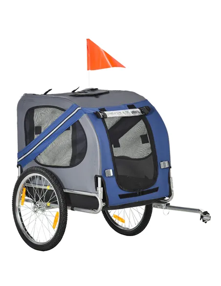PawHut Folding Dog Bike Trailer Pet Cart Carrier for Bicycle Travel in Steel Frame with Hitch Coupler - Blue & Grey