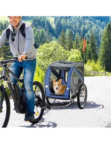 PawHut Folding Dog Bike Trailer Pet Cart Carrier for Bicycle Travel in Steel Frame with Hitch Coupler - Blue & Grey