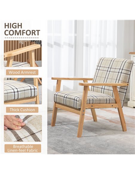 HOMCOM Modern One Seater Sofa for Living Room, Linen Fabric Small Couch with Rubber Wood Frame, Armrests, Lattice Pattern, Uphol