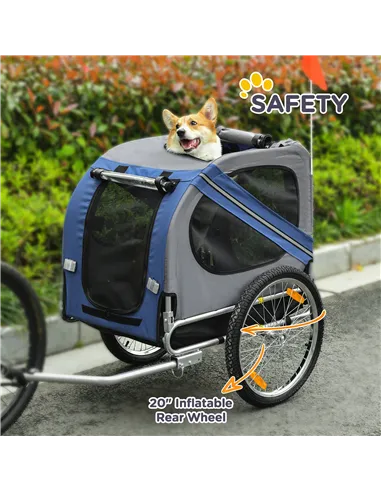 PawHut Folding Dog Bike Trailer Pet Cart Carrier for Bicycle Travel in Steel Frame with Hitch Coupler - Blue & Grey