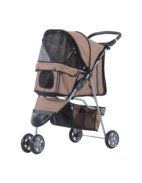 PawHut Dog Stroller, 3 Wheels Foldable Cat Dog Pram with Cup Holder, Storage Basket, Pet Stroller for Small Miniature Dogs, Brow