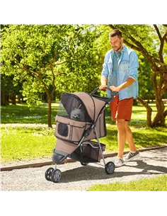 PawHut Dog Stroller, 3 Wheels Foldable Cat Dog Pram with Cup Holder, Storage Basket, Pet Stroller for Small Miniature Dogs, Brow 2