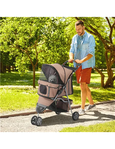 PawHut Dog Stroller, 3 Wheels Foldable Cat Dog Pram with Cup Holder, Storage Basket, Pet Stroller for Small Miniature Dogs, Brow