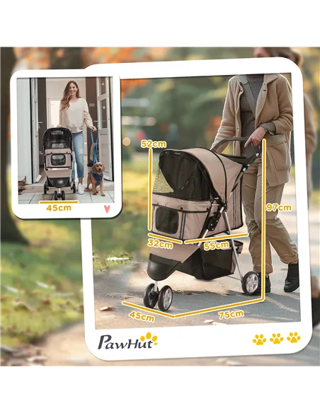 PawHut Dog Stroller, 3 Wheels Foldable Cat Dog Pram with Cup Holder, Storage Basket, Pet Stroller for Small Miniature Dogs, Brow