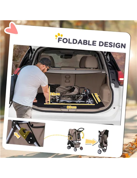 PawHut Dog Stroller, 3 Wheels Foldable Cat Dog Pram with Cup Holder, Storage Basket, Pet Stroller for Small Miniature Dogs, Brow