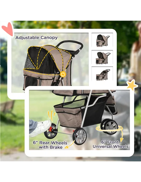 PawHut Dog Stroller, 3 Wheels Foldable Cat Dog Pram with Cup Holder, Storage Basket, Pet Stroller for Small Miniature Dogs, Brow
