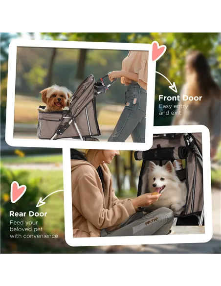 PawHut Dog Stroller, 3 Wheels Foldable Cat Dog Pram with Cup Holder, Storage Basket, Pet Stroller for Small Miniature Dogs, Brow
