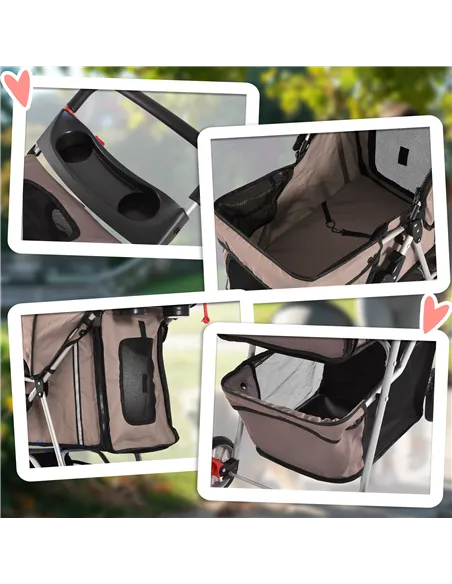 PawHut Dog Stroller, 3 Wheels Foldable Cat Dog Pram with Cup Holder, Storage Basket, Pet Stroller for Small Miniature Dogs, Brow