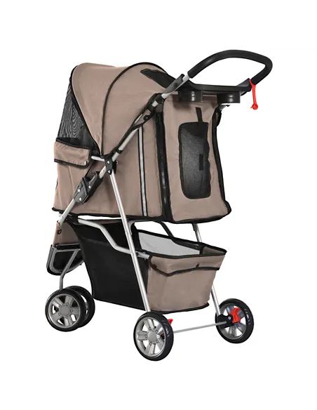 PawHut Dog Stroller, 3 Wheels Foldable Cat Dog Pram with Cup Holder, Storage Basket, Pet Stroller for Small Miniature Dogs, Brow