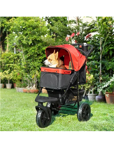 PawHut Dog Stroller Foldable Pet Pram, 3 Wheels Dog Pushchair with Brake, for Small Miniature Breeds, Cats, Red