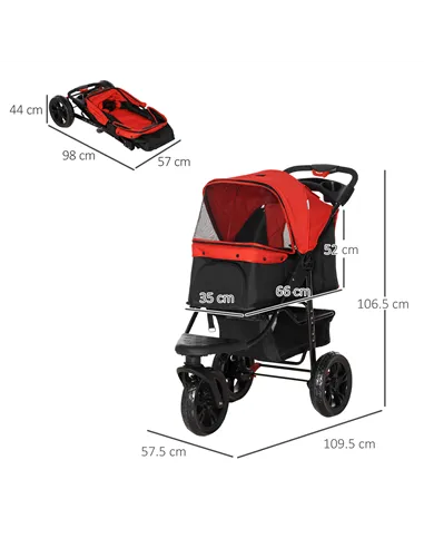 PawHut Dog Stroller Foldable Pet Pram, 3 Wheels Dog Pushchair with Brake, for Small Miniature Breeds, Cats, Red