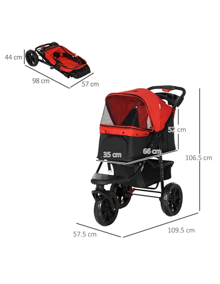 PawHut Dog Stroller Foldable Pet Pram, 3 Wheels Dog Pushchair with Brake, for Small Miniature Breeds, Cats, Red