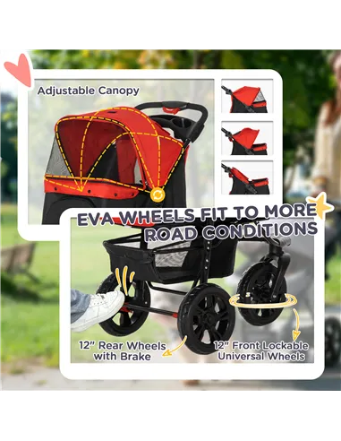 PawHut Dog Stroller Foldable Pet Pram, 3 Wheels Dog Pushchair with Brake, for Small Miniature Breeds, Cats, Red