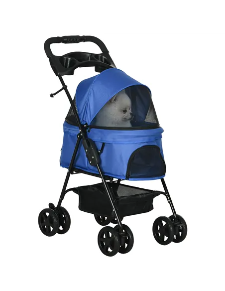 PawHut Dog Pram Dog Stroller Foldable Pet Pushchair with 4 Wheels, Safety Leashes, Cup Holder for Small Dogs, Blue