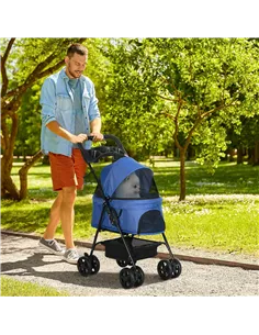 PawHut Dog Pram Dog Stroller Foldable Pet Pushchair with 4 Wheels, Safety Leashes, Cup Holder for Small Dogs, Blue 2