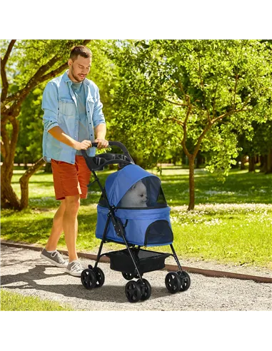 PawHut Dog Pram Dog Stroller Foldable Pet Pushchair with 4 Wheels, Safety Leashes, Cup Holder for Small Dogs, Blue