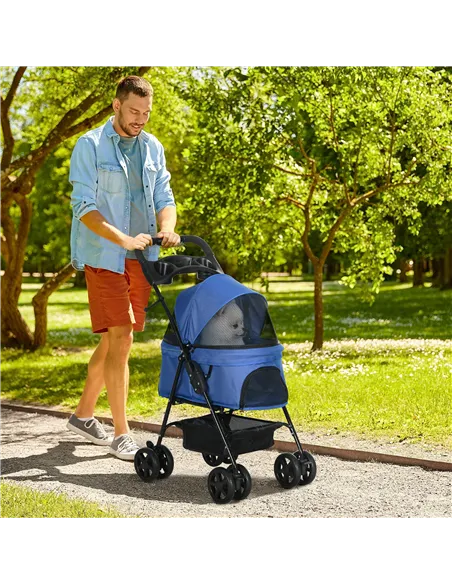 PawHut Dog Pram Dog Stroller Foldable Pet Pushchair with 4 Wheels, Safety Leashes, Cup Holder for Small Dogs, Blue
