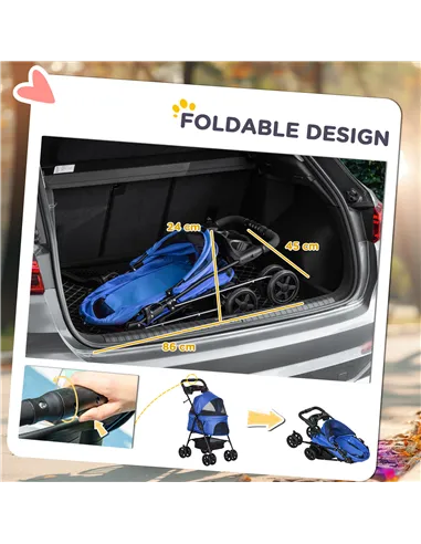 PawHut Dog Pram Dog Stroller Foldable Pet Pushchair with 4 Wheels, Safety Leashes, Cup Holder for Small Dogs, Blue