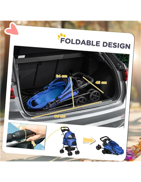 PawHut Dog Pram Dog Stroller Foldable Pet Pushchair with 4 Wheels, Safety Leashes, Cup Holder for Small Dogs, Blue