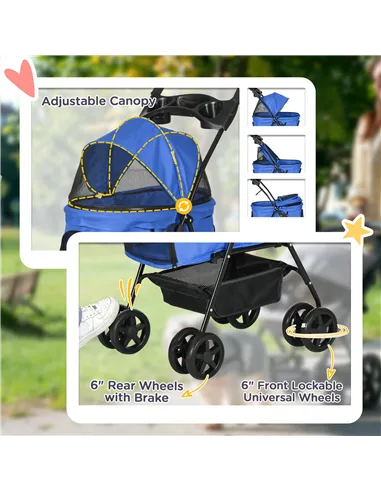 PawHut Dog Pram Dog Stroller Foldable Pet Pushchair with 4 Wheels, Safety Leashes, Cup Holder for Small Dogs, Blue