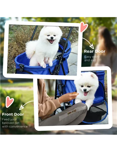 PawHut Dog Pram Dog Stroller Foldable Pet Pushchair with 4 Wheels, Safety Leashes, Cup Holder for Small Dogs, Blue
