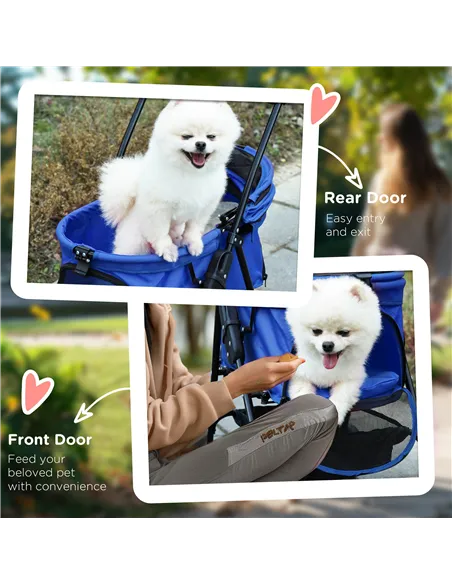 PawHut Dog Pram Dog Stroller Foldable Pet Pushchair with 4 Wheels, Safety Leashes, Cup Holder for Small Dogs, Blue
