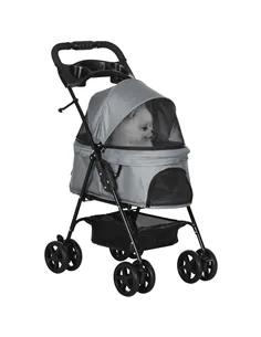 PawHut Dog Pram Dog Stroller Foldable Pet Pushchair with 4 Wheels, Safety Leashes, Cup Holder for Small Dogs, Grey