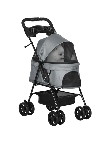 PawHut Dog Pram Dog Stroller Foldable Pet Pushchair with 4 Wheels, Safety Leashes, Cup Holder for Small Dogs, Grey