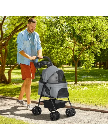 PawHut Dog Pram Dog Stroller Foldable Pet Pushchair with 4 Wheels, Safety Leashes, Cup Holder for Small Dogs, Grey