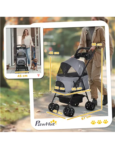 PawHut Dog Pram Dog Stroller Foldable Pet Pushchair with 4 Wheels, Safety Leashes, Cup Holder for Small Dogs, Grey