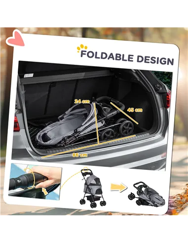 PawHut Dog Pram Dog Stroller Foldable Pet Pushchair with 4 Wheels, Safety Leashes, Cup Holder for Small Dogs, Grey