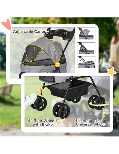 PawHut Dog Pram Dog Stroller Foldable Pet Pushchair with 4 Wheels, Safety Leashes, Cup Holder for Small Dogs, Grey