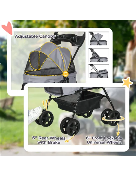 PawHut Dog Pram Dog Stroller Foldable Pet Pushchair with 4 Wheels, Safety Leashes, Cup Holder for Small Dogs, Grey
